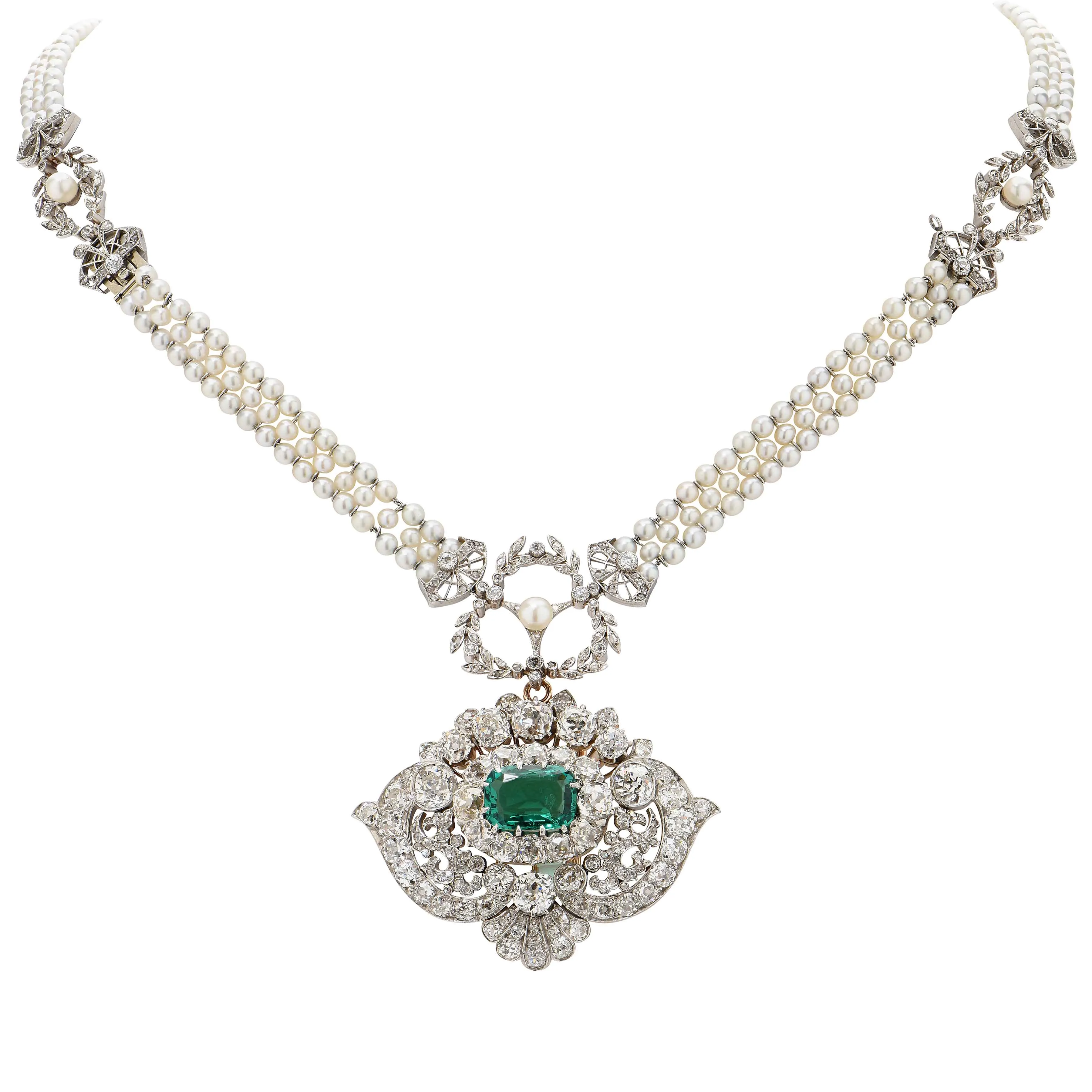 Exceptional Tiffany & Co., circa 1880 Emerald Diamond Pearl Necklace