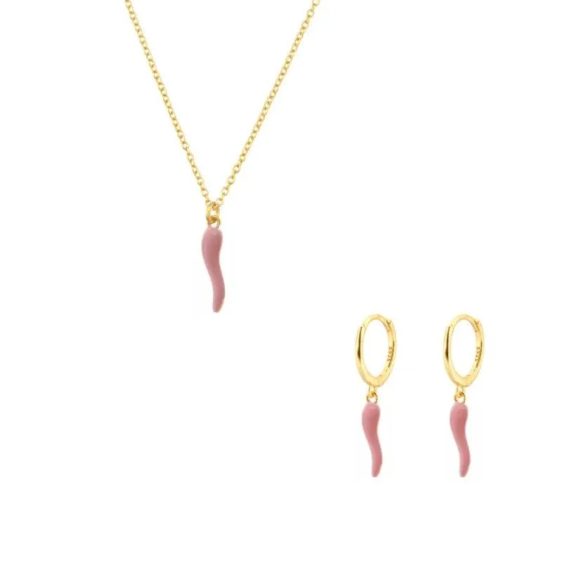 Fashionable Gold Chili Pendant Earrings and Necklace Set with Red Enamel Accents Charm Jewelry