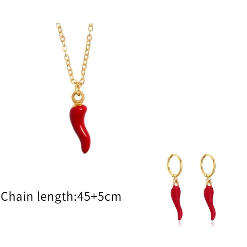 Fashionable Gold Chili Pendant Earrings and Necklace Set with Red Enamel Accents Charm Jewelry