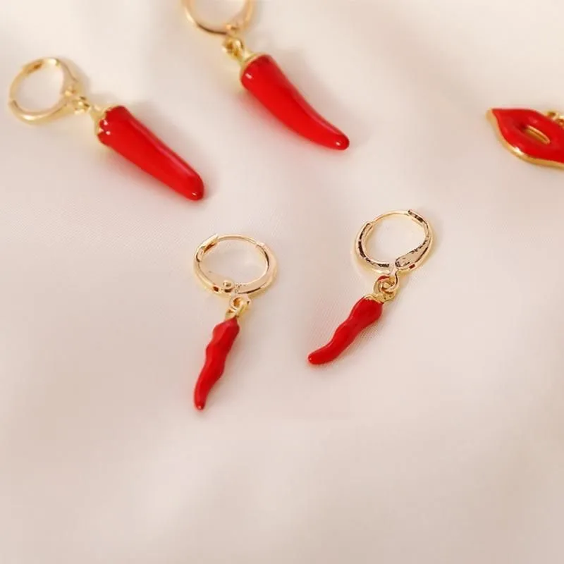 Fashionable Gold Chili Pendant Earrings and Necklace Set with Red Enamel Accents Charm Jewelry