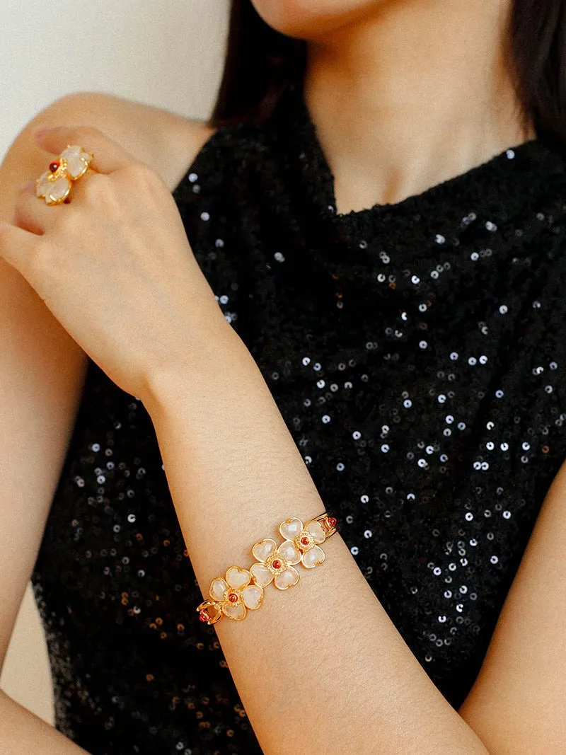 Four-leaf Clover Bangle Bracelets With Black Agate White Crystal Rose Quartz