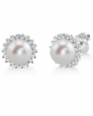 Freshwater Pearl & Diamond Halo Stud Earrings