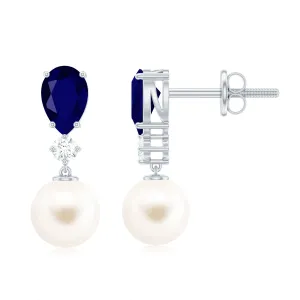 Freshwater Pearl Drop Earrings with Blue Sapphire