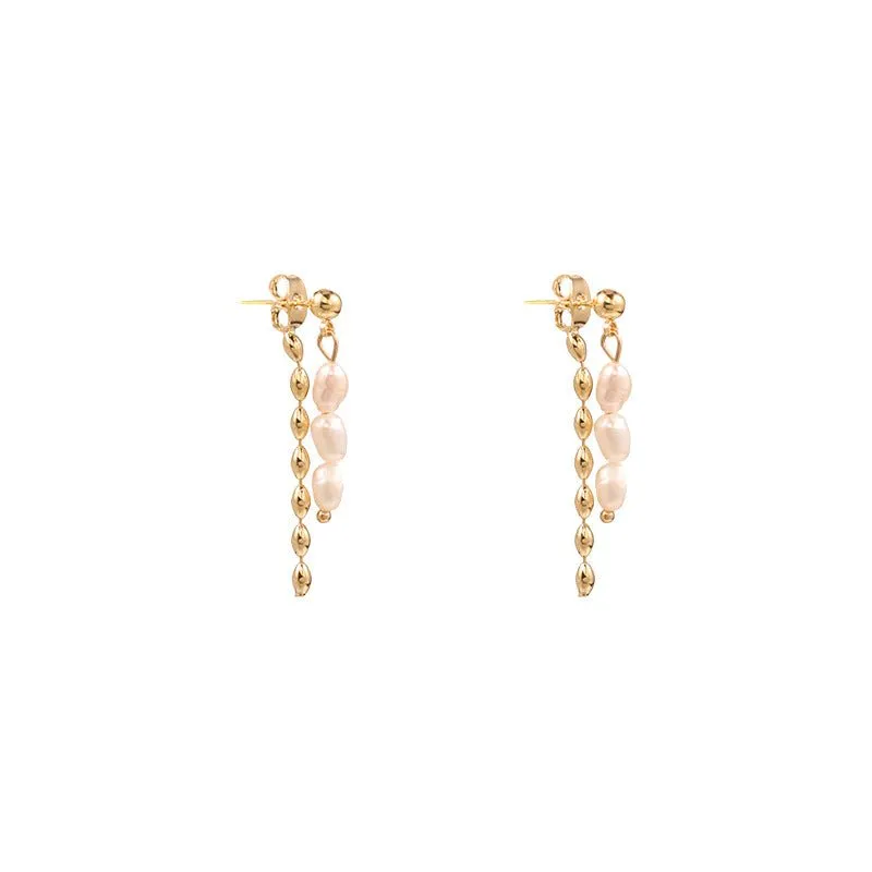 Front and Back Pearl and Gold Tassel Earrings