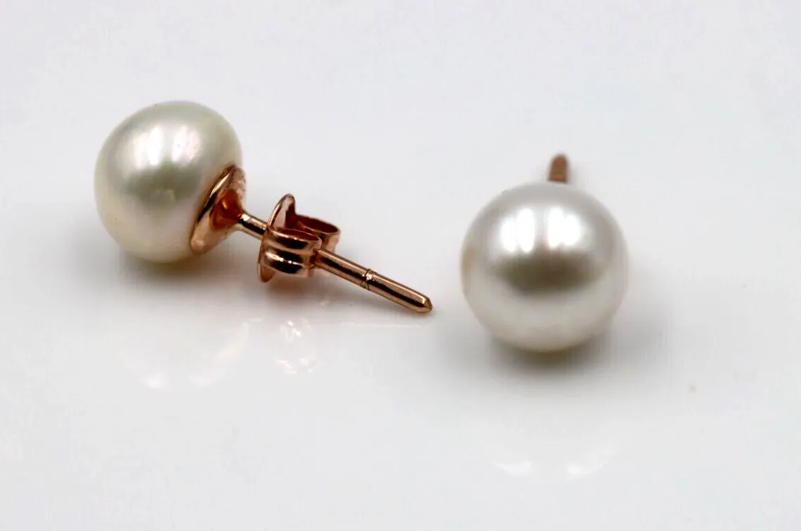 Genuine 9ct Yellow, Rose or White Gold White Button 8mm Freshwater Pearl Stud Earrings