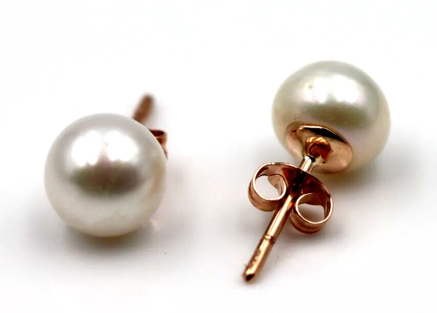 Genuine 9ct Yellow, Rose or White Gold White Button 8mm Freshwater Pearl Stud Earrings