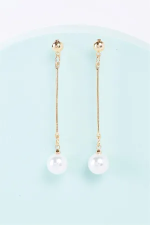 Gold Elegant Long Pearl Detail Drop Earrings