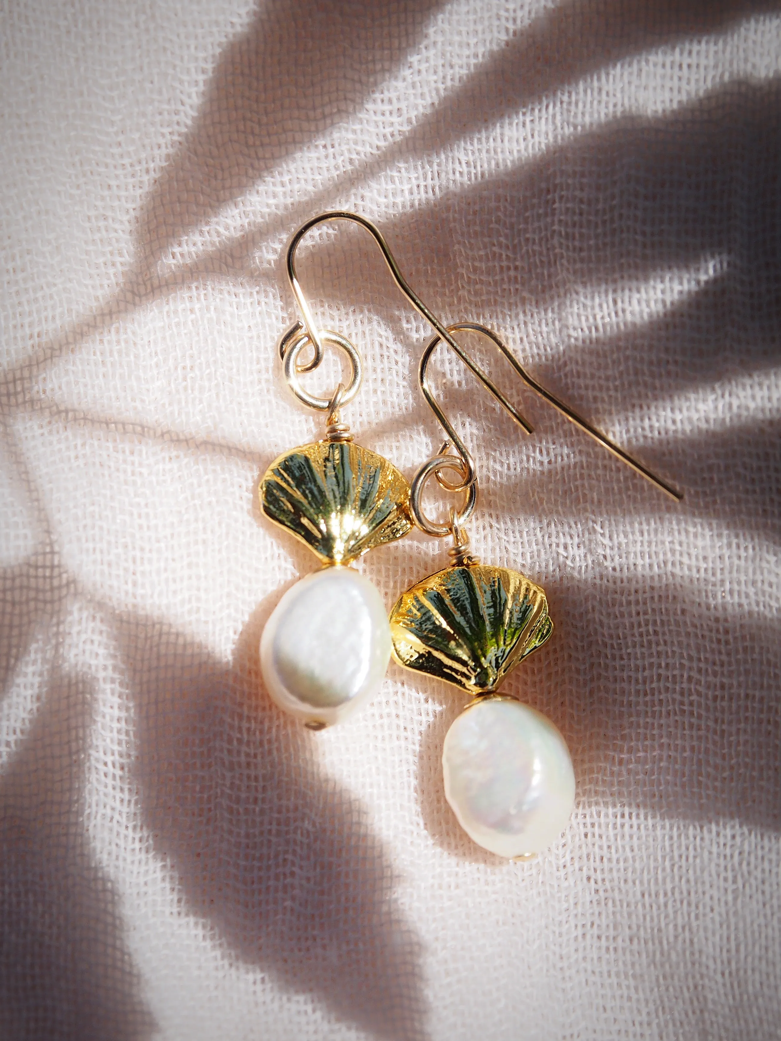 Gold Pearl & Seashell Drop Earrings - Kameli