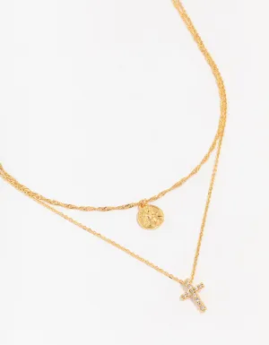 Gold Plated Cubic Zirconia Cross Coin Layered Necklace