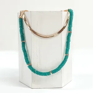 Gold Tone Herringbone Chain and Resin Beaded Layered Necklace in Teal