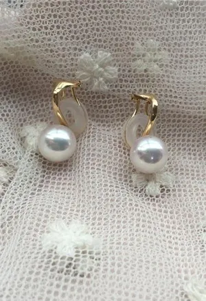 Handmade AAAA 8.5-9mm White Pearl 18K Gold Clip Earring P4