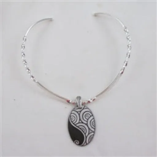 Handmade Charcoal & White Large Oval Pendant on Silver Neck Wire