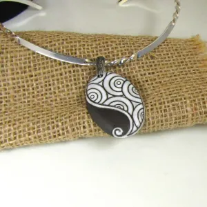 Handmade Charcoal & White Large Oval Pendant on Silver Neck Wire