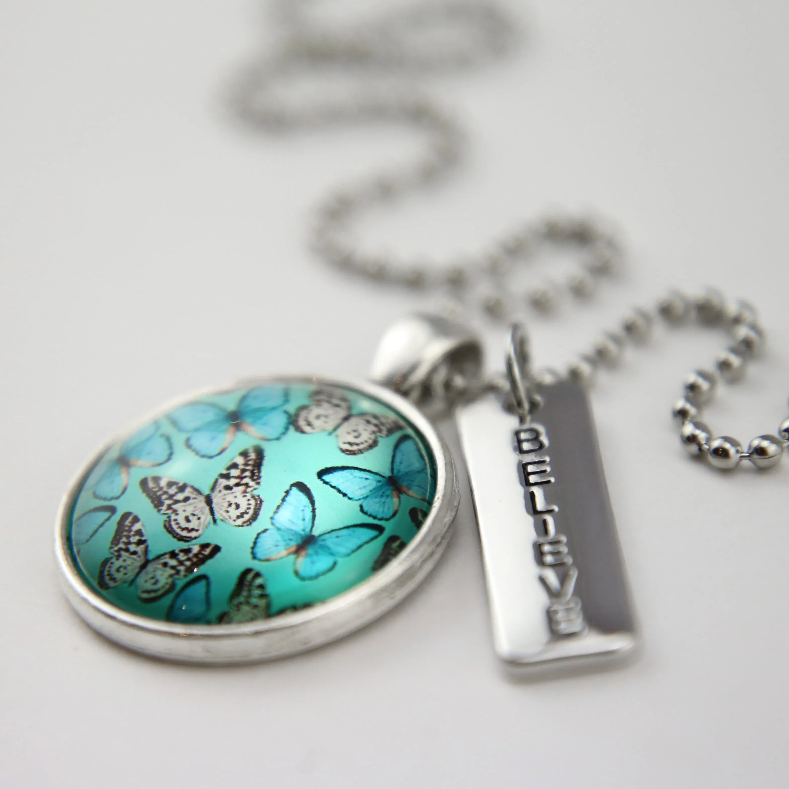 Heart & Soul Wings - Vintage Silver ' BELIEVE ' Necklace - Butterfly Flutter (11024)