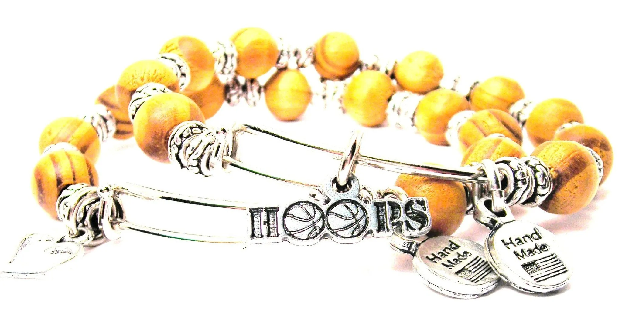 Hoops Basketball Natural Wood Double Bangle Set