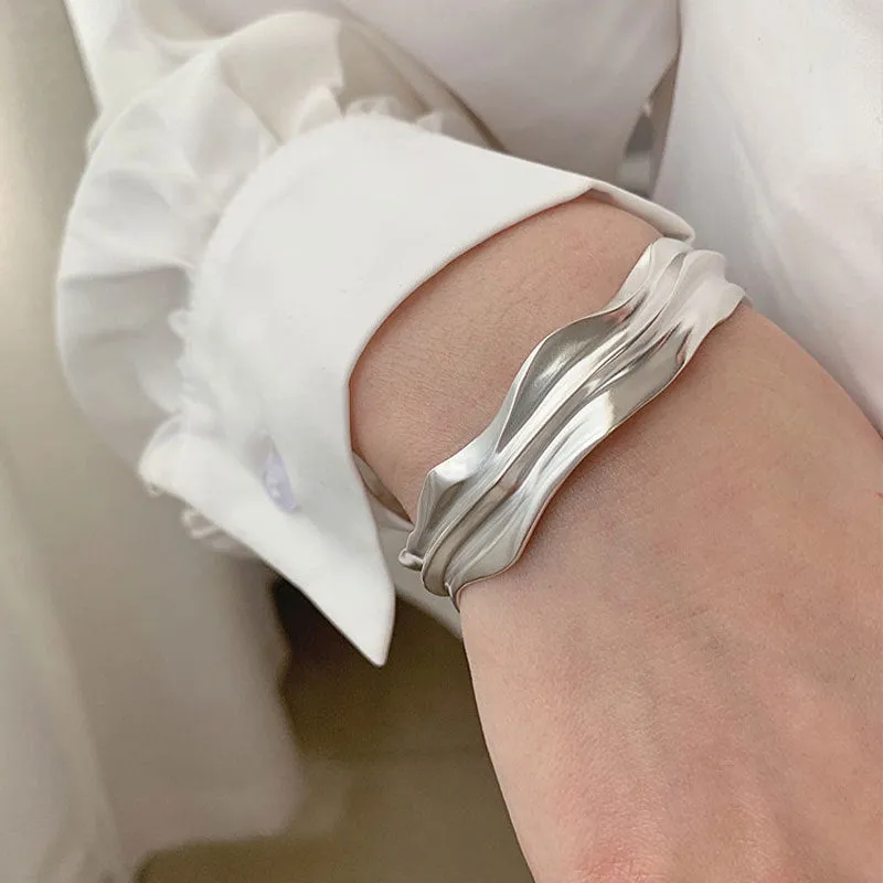 Irregular Fold Texture Wide Opening Sterling Silver Bracelet