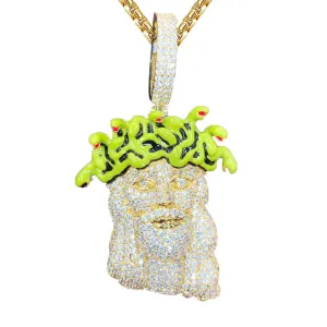 Jesus Face Enamel Medusa Head Icy Yellow Gold Tone Pendant