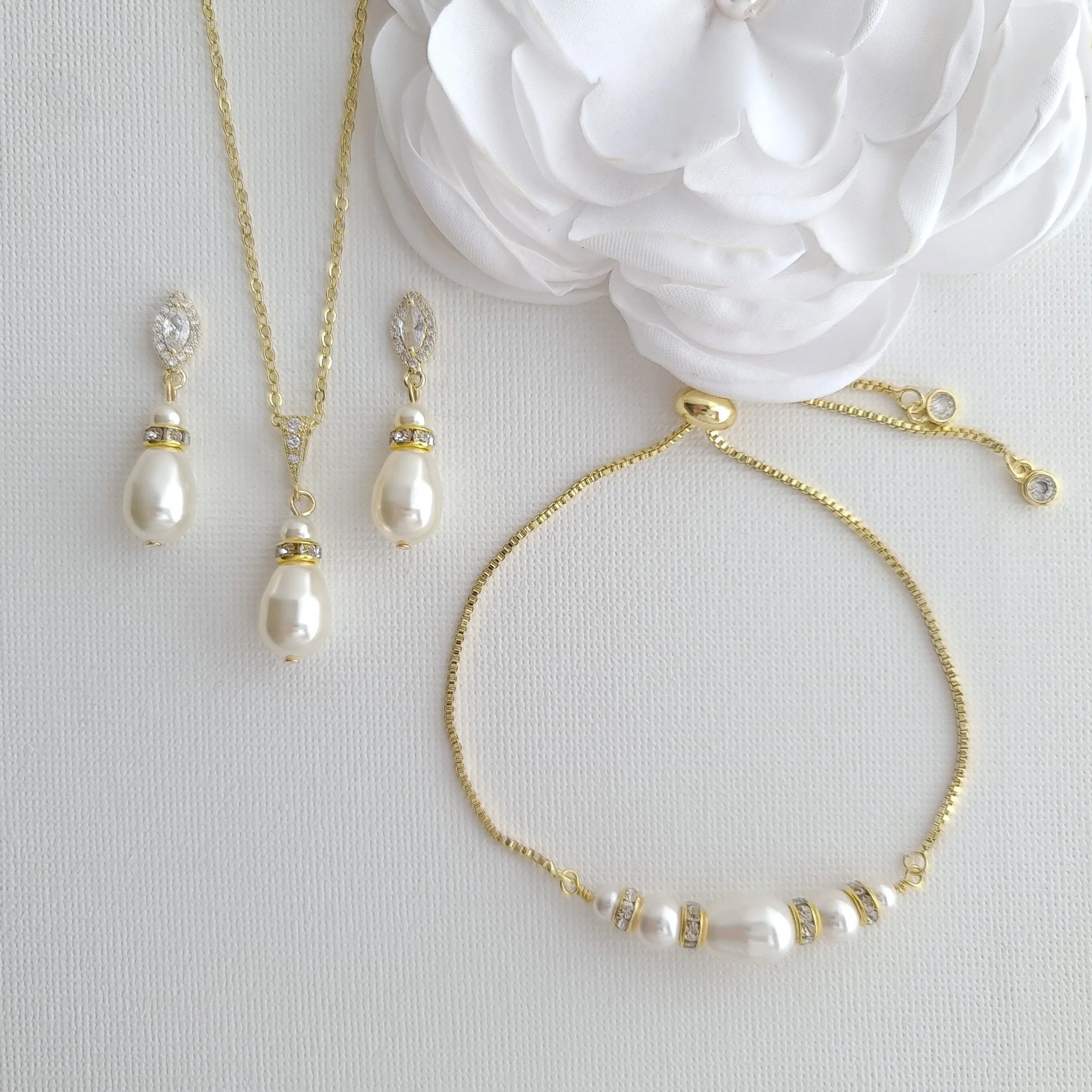 Jewelry Set for Brides With Pearl Bracelet Pearl Earrings Pearl Necklace-Ella