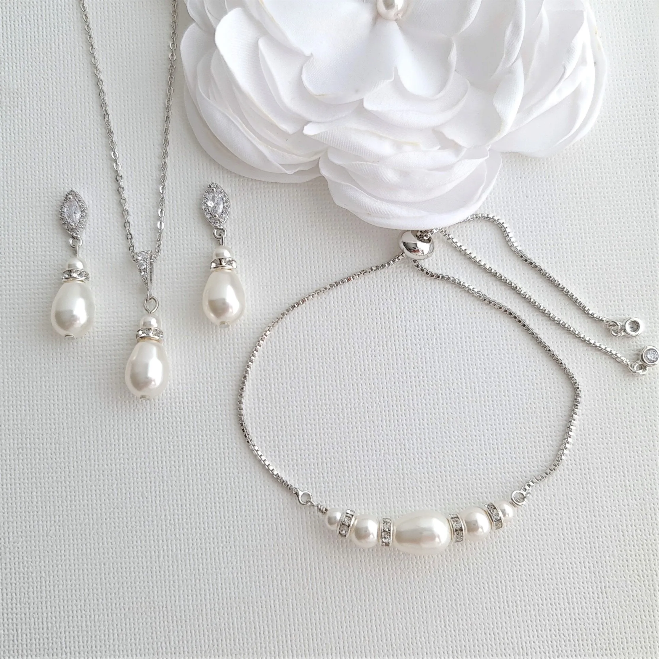 Jewelry Set for Brides With Pearl Bracelet Pearl Earrings Pearl Necklace-Ella