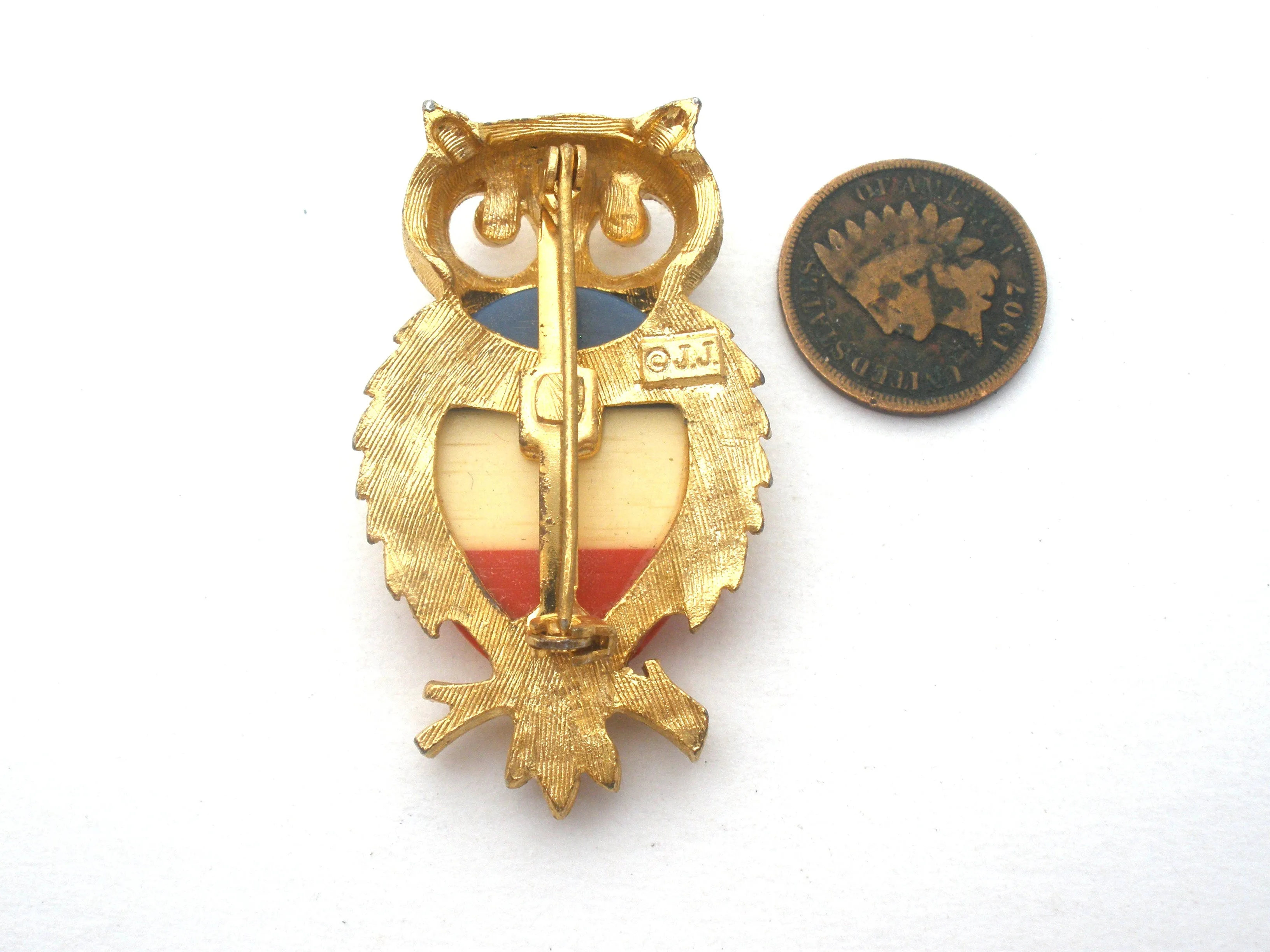 JJ Red White & Blue Owl Brooch Pin Vintage