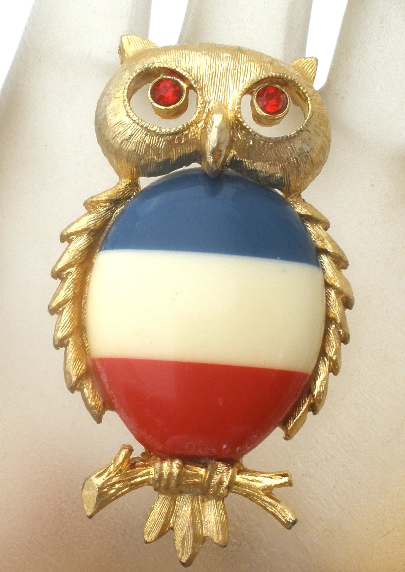 JJ Red White & Blue Owl Brooch Pin Vintage