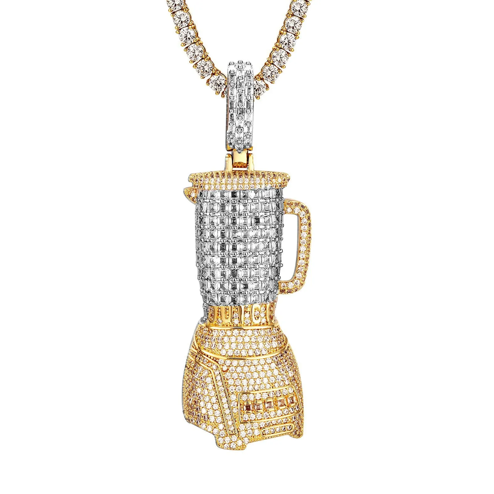 Juicer Machine Micro Pave Icy Hip Hop Yellow Tone Pendant Tennis Chain