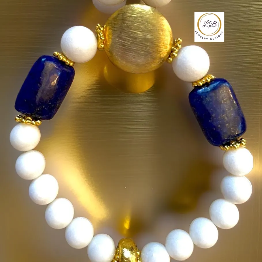 Lapis Lazuli & Alabaster Gemstone Brushed Gold Vermeil Bracelet