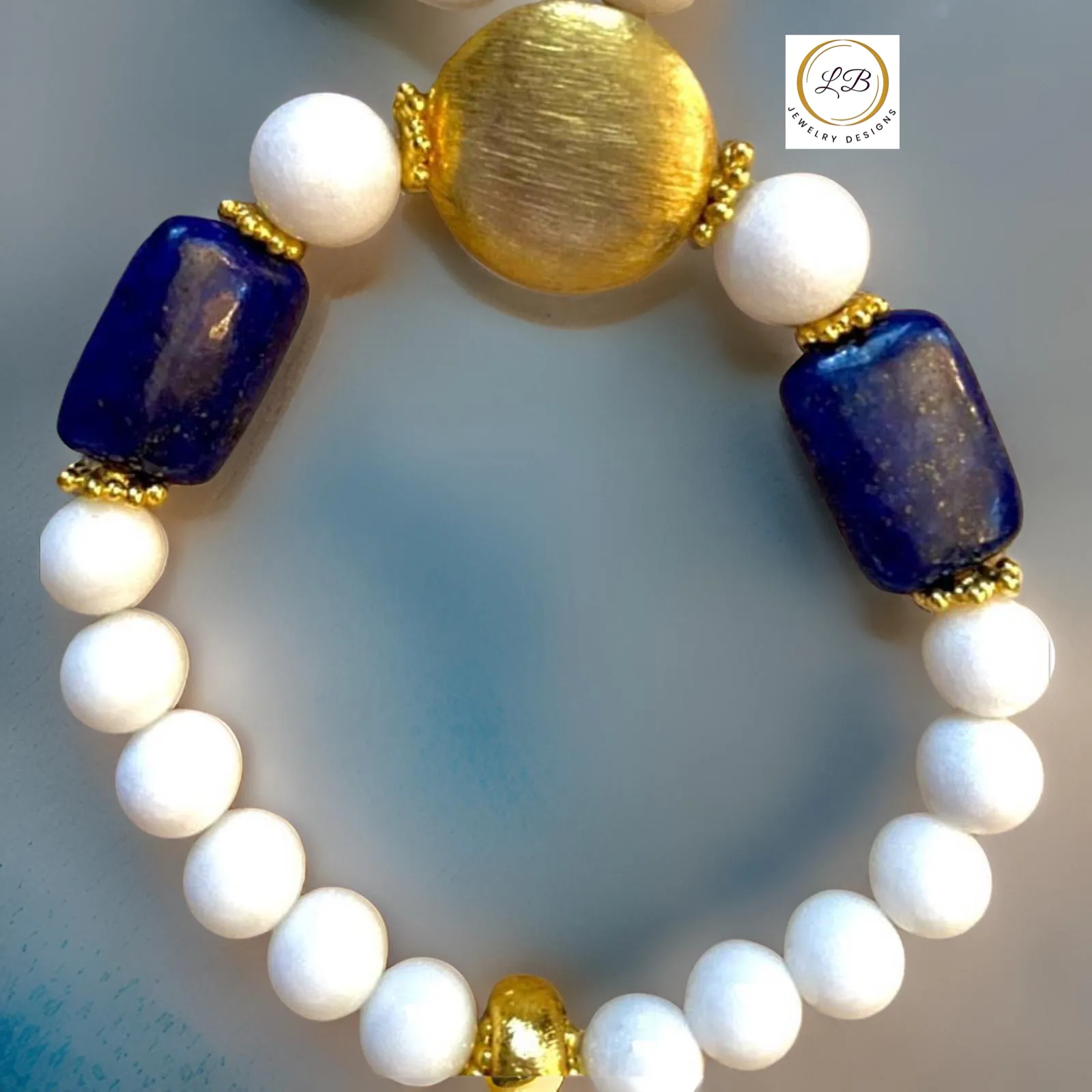 Lapis Lazuli & Alabaster Gemstone Brushed Gold Vermeil Bracelet