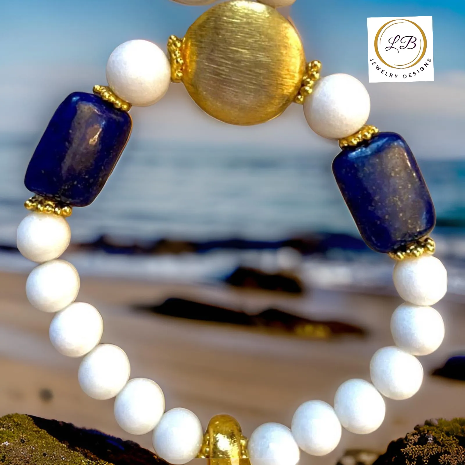 Lapis Lazuli & Alabaster Gemstone Brushed Gold Vermeil Bracelet