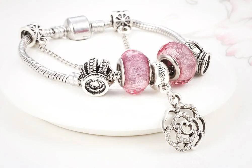 Love Pink Flower Charm Chain Bracelet