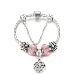 Love Pink Flower Charm Chain Bracelet