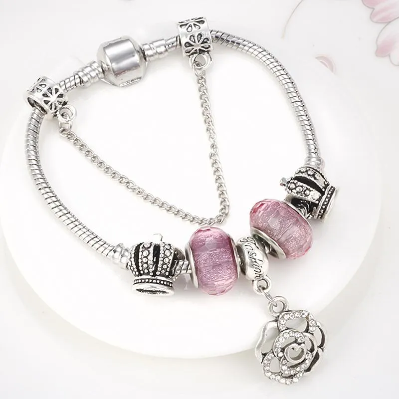 Love Pink Flower Charm Chain Bracelet