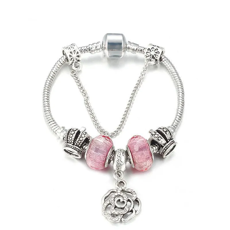 Love Pink Flower Charm Chain Bracelet