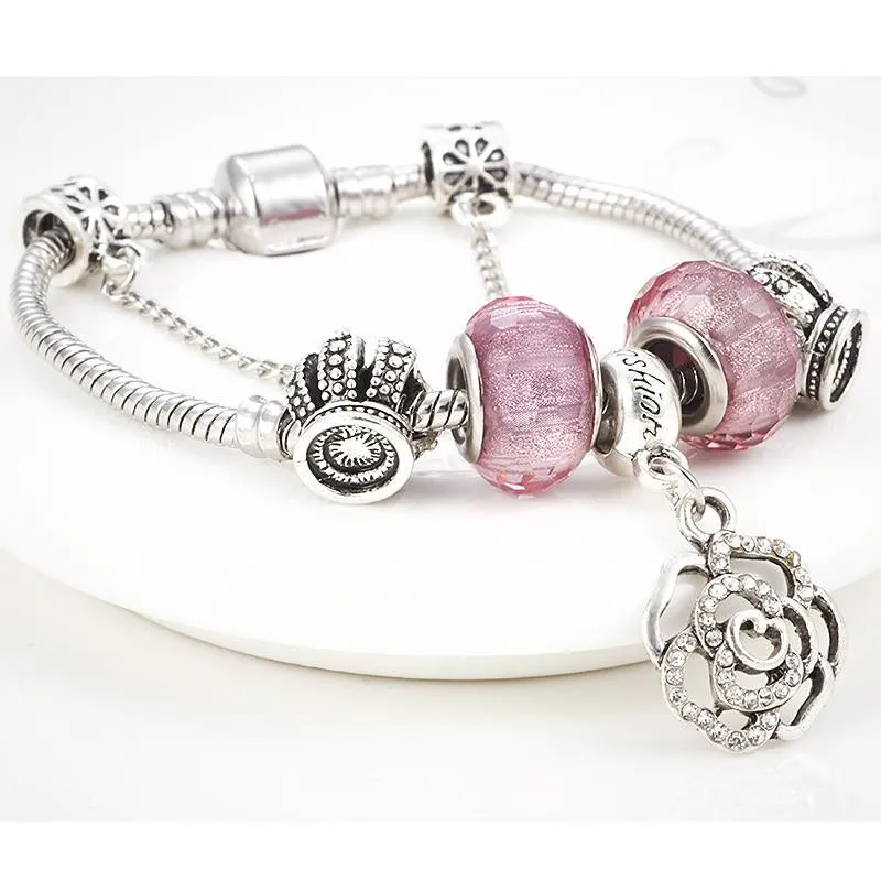 Love Pink Flower Charm Chain Bracelet