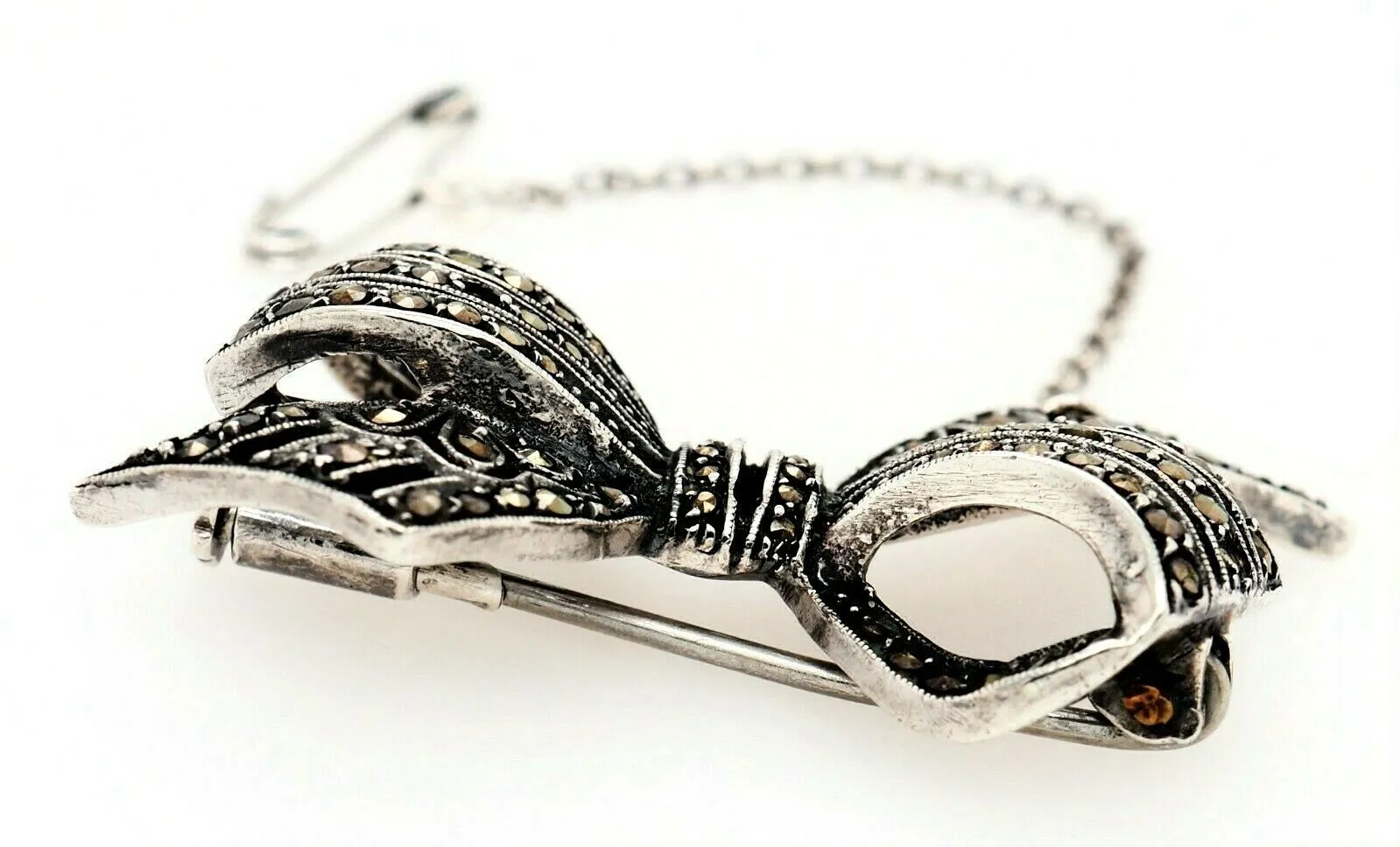 Marcasite Sterling Silver Bow Brooch with Safety Chain & Pin