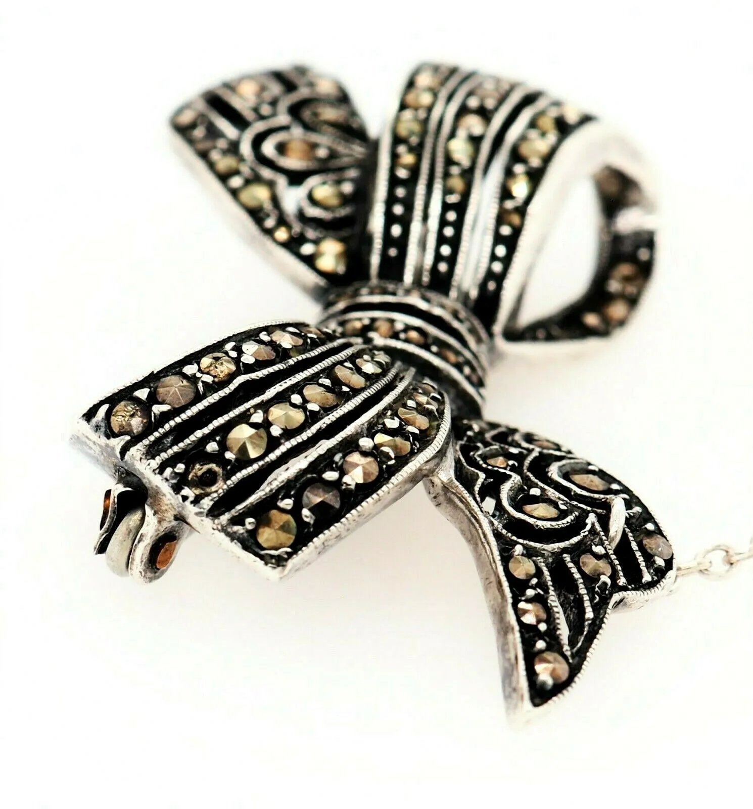 Marcasite Sterling Silver Bow Brooch with Safety Chain & Pin