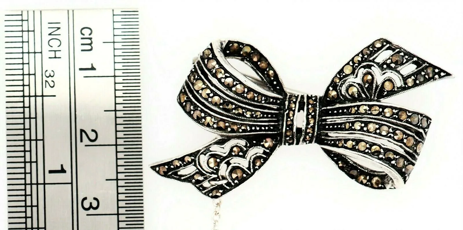 Marcasite Sterling Silver Bow Brooch with Safety Chain & Pin