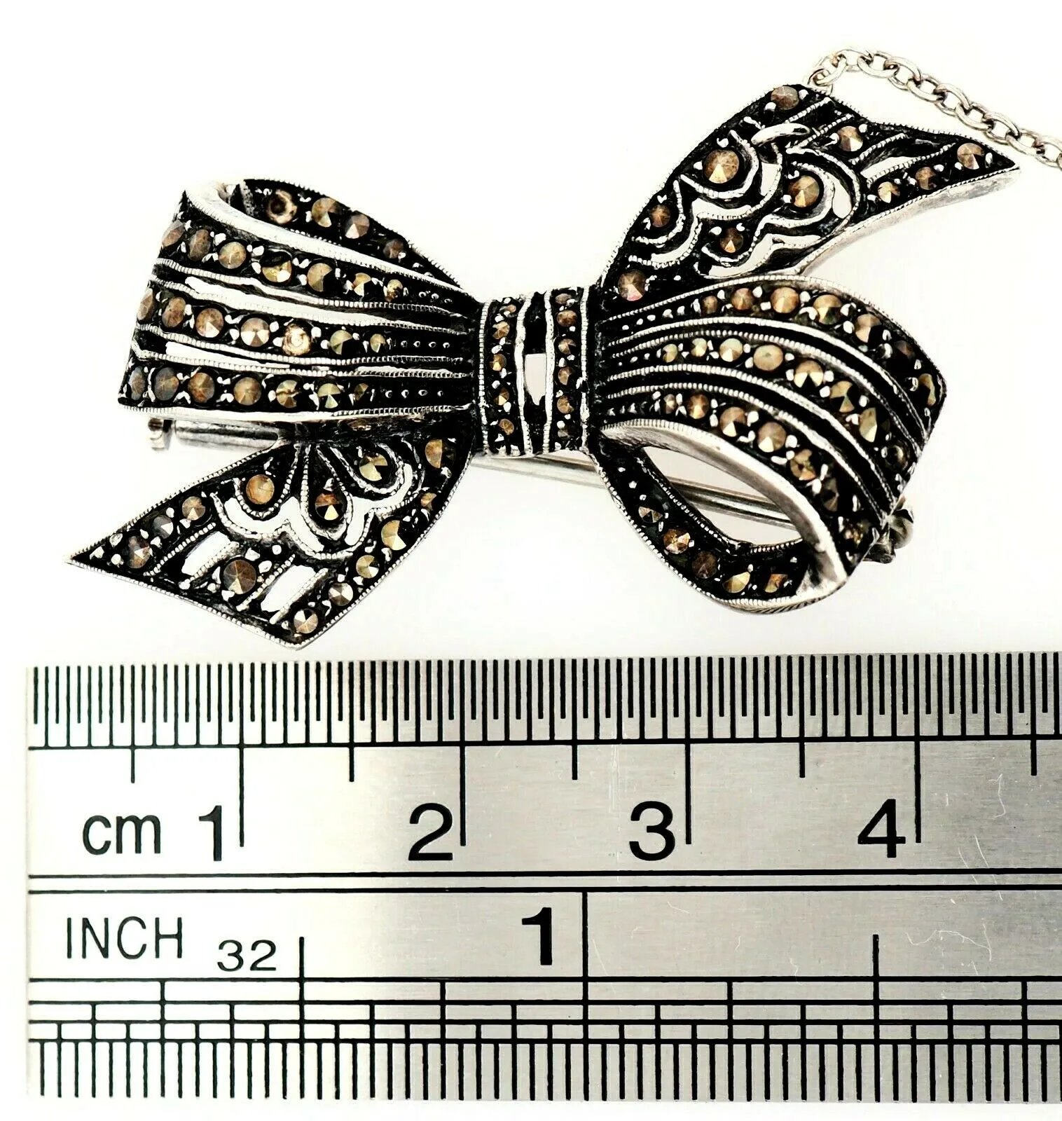 Marcasite Sterling Silver Bow Brooch with Safety Chain & Pin