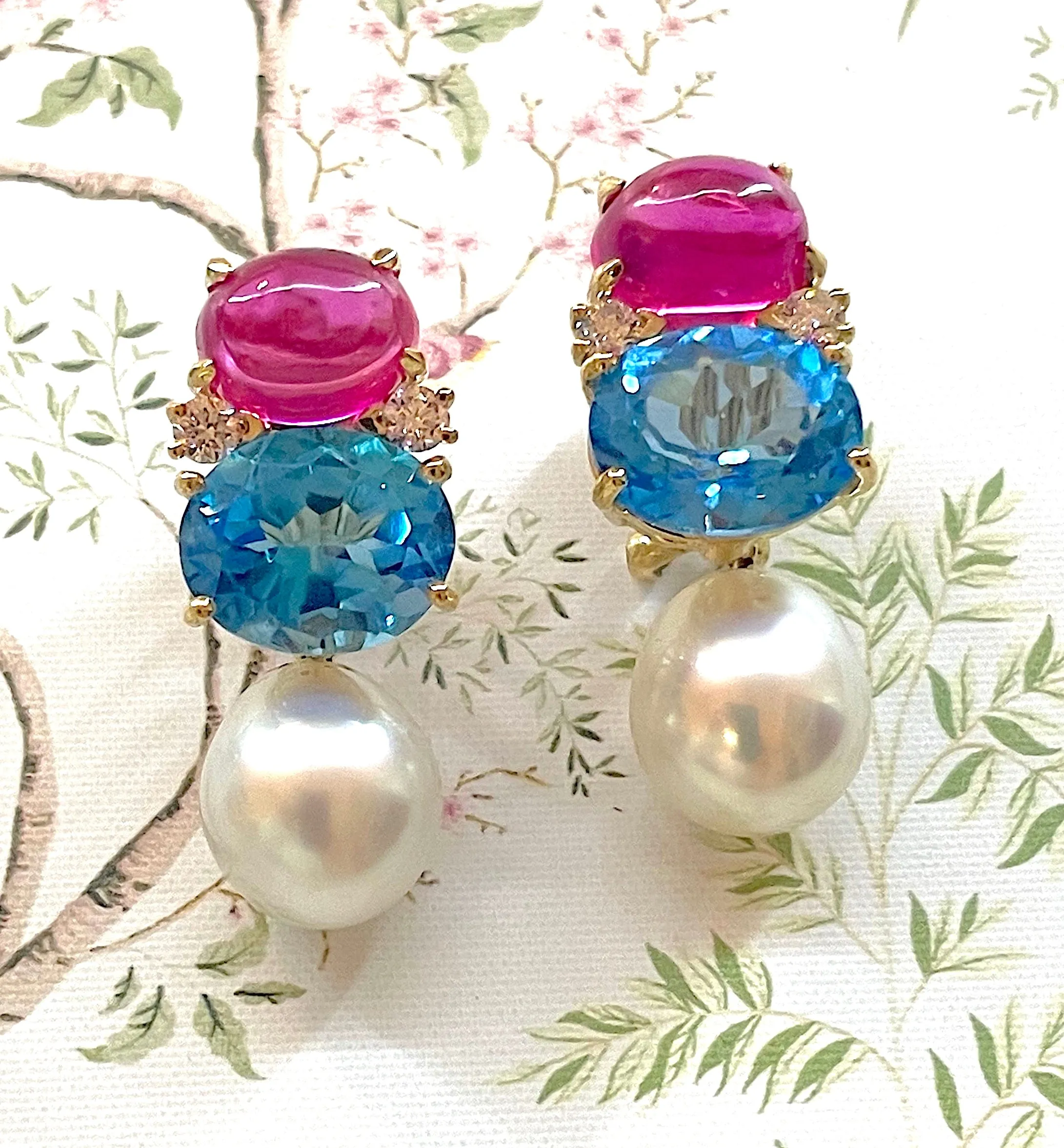 Medium GUM DROP™ Earrings with Pink Topaz and Diamonds with Detachable Pearls