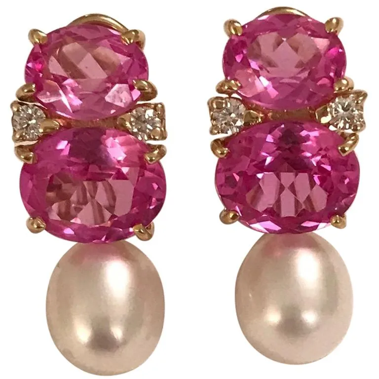 Medium GUM DROP™ Earrings with Pink Topaz and Diamonds with Detachable Pearls