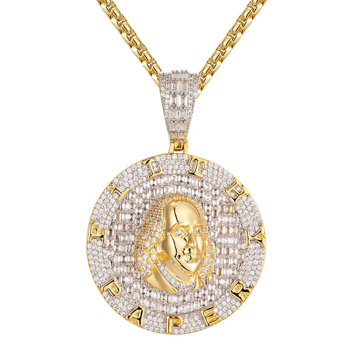 Mens Benjamin Franklin Paper Money Circle Gold Tone Pendant