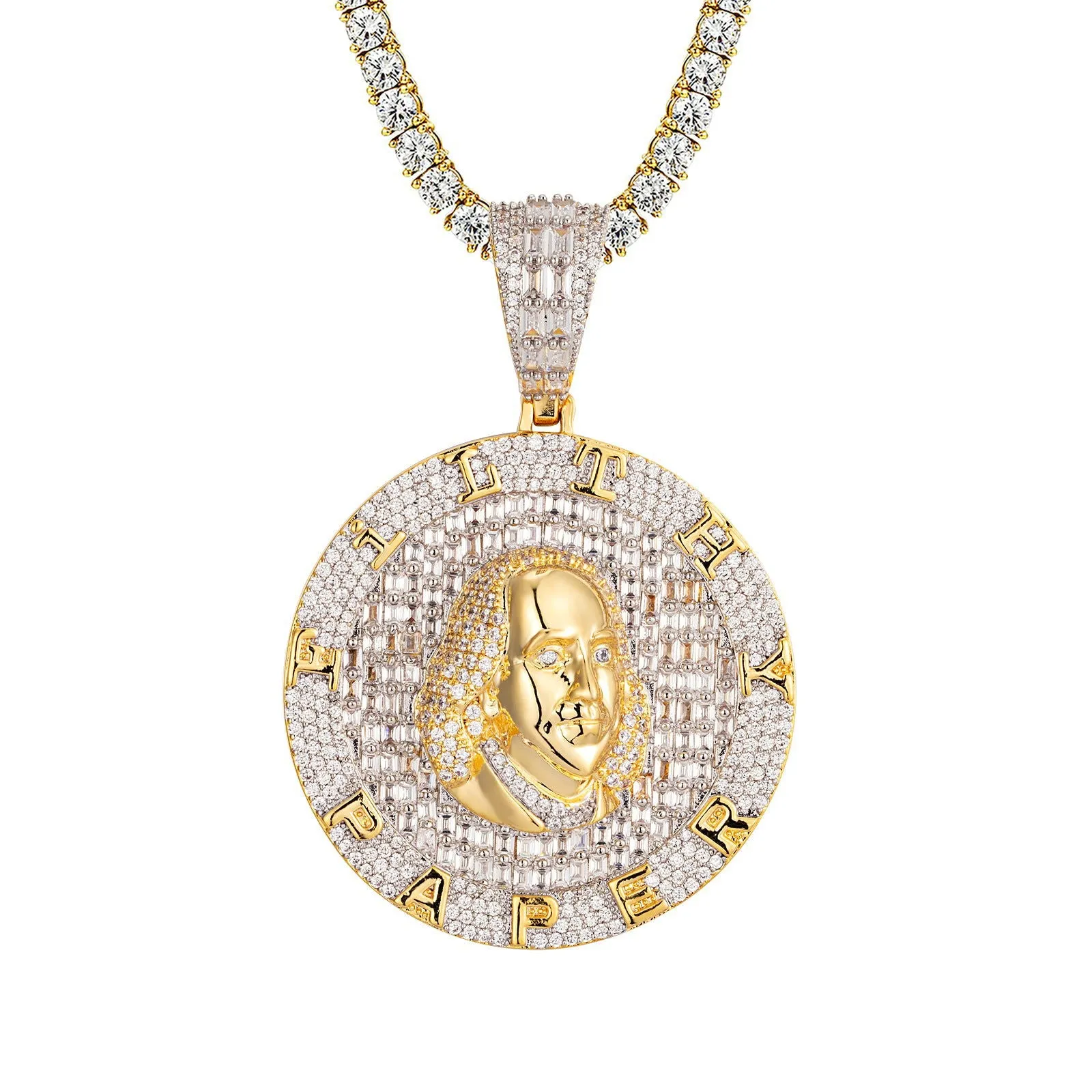 Mens Benjamin Franklin Paper Money Circle Gold Tone Pendant