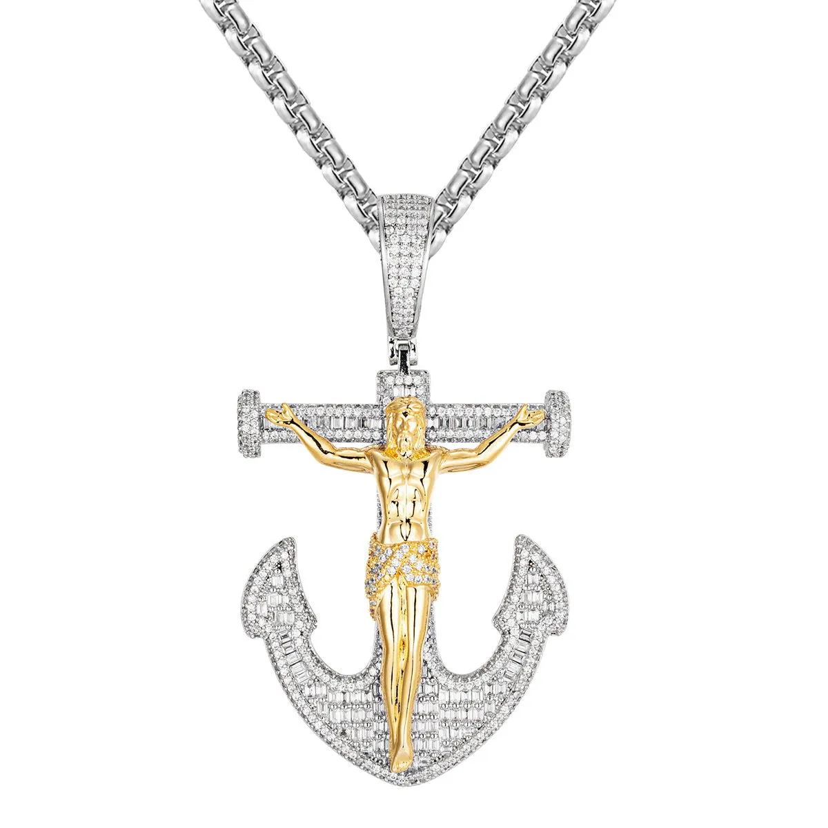 Mens Cross Anchor Jesus Iced Out Yellow Tone Pendant Chain