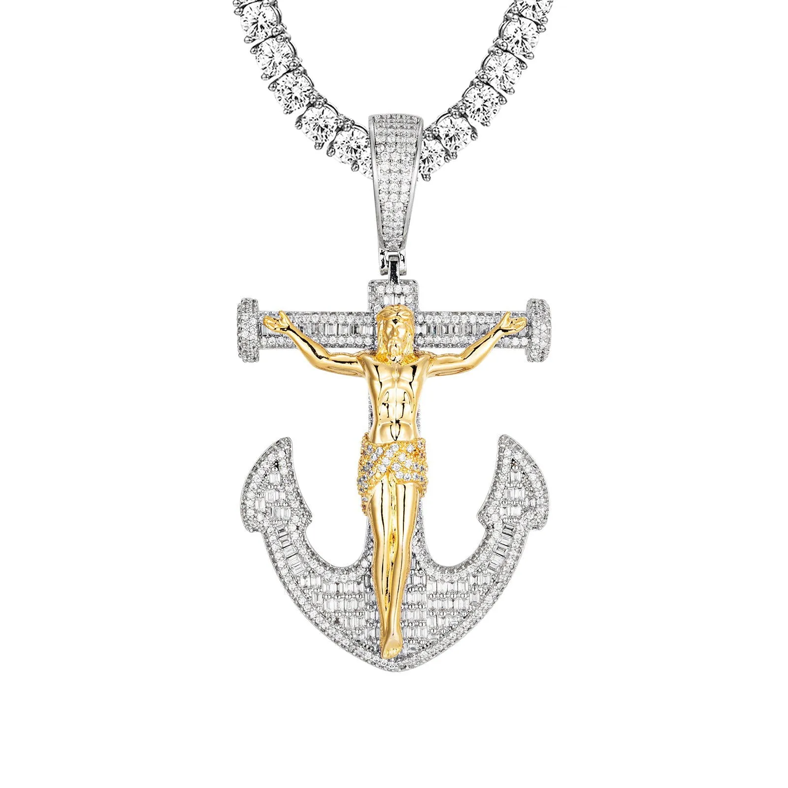 Mens Cross Anchor Jesus Iced Out Yellow Tone Pendant Chain