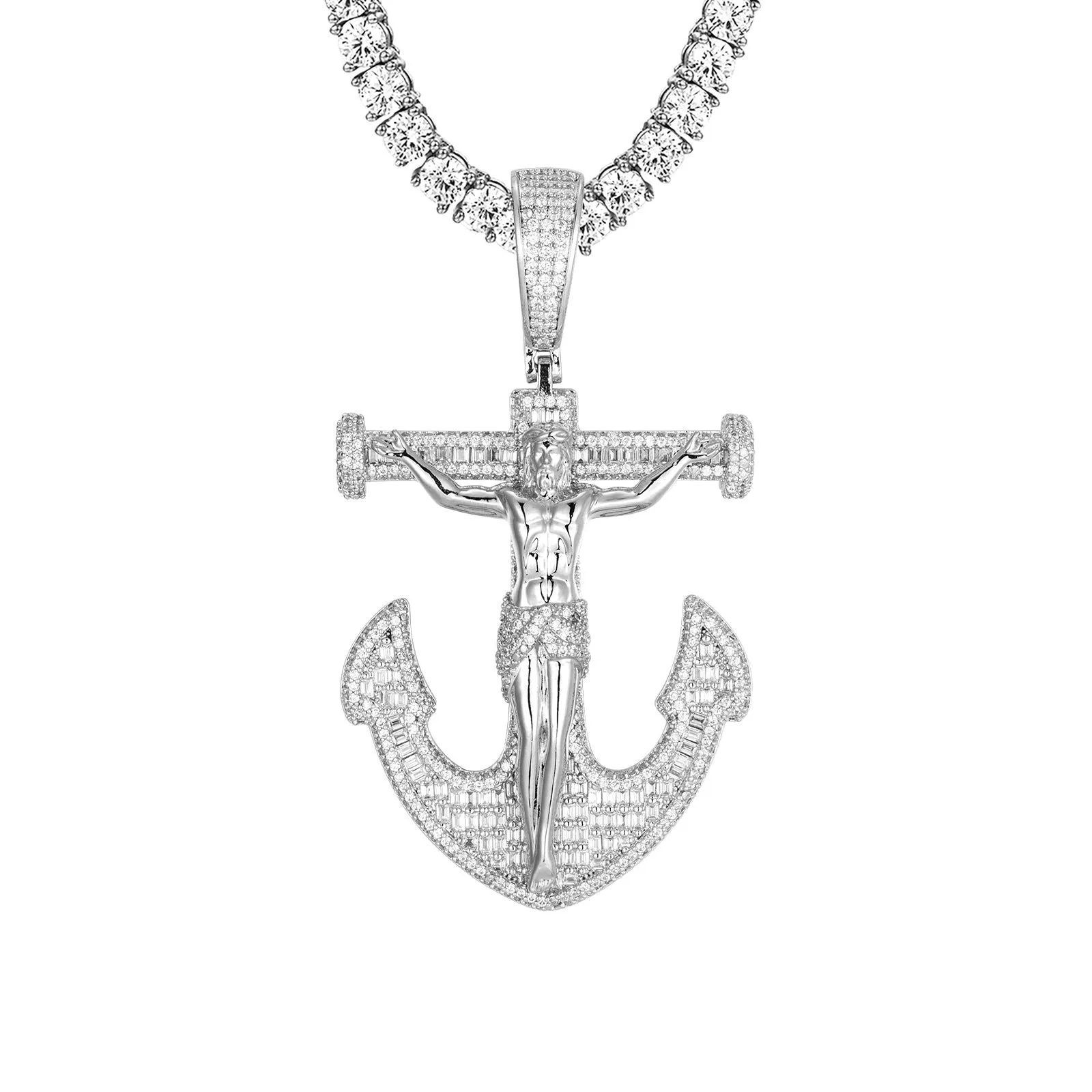 Mens Cross Anchor Jesus Icy Custom Hip Hop Pendant Chain