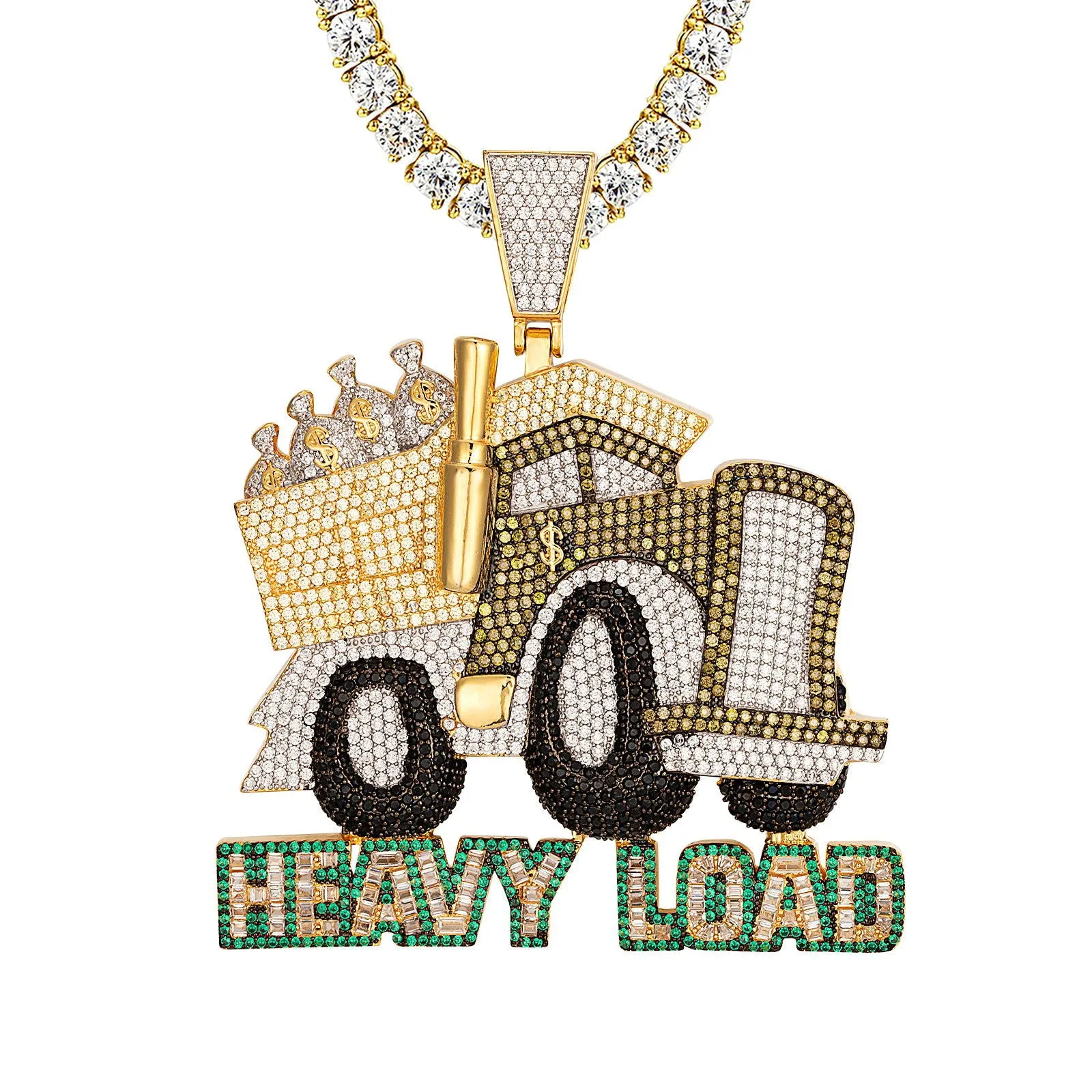 Mens Gold Tone Heavy Load Truck Money 3D Silver Pendant