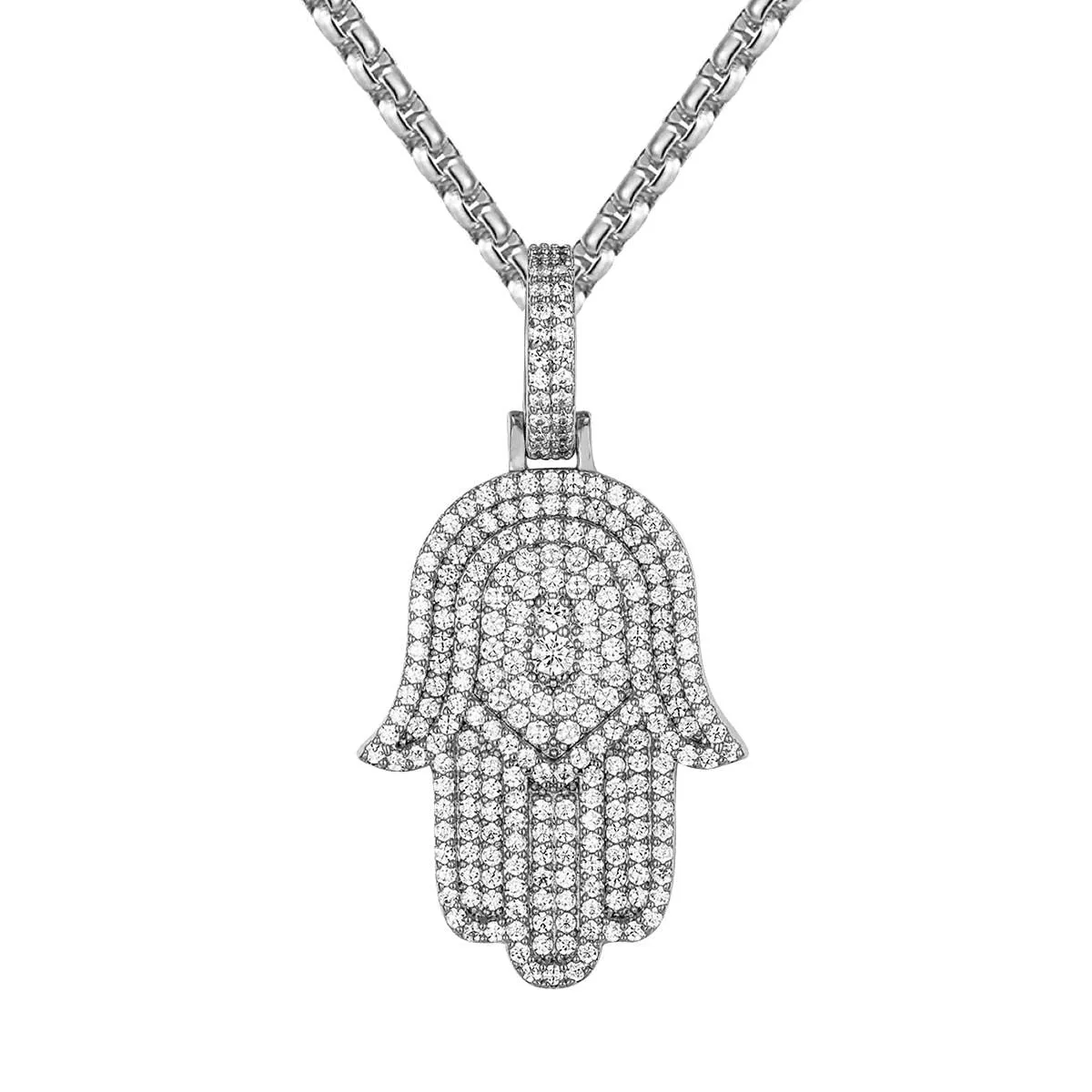 Mens Hamsa Hand Hip Hop Icy Custom White Tone Pendant