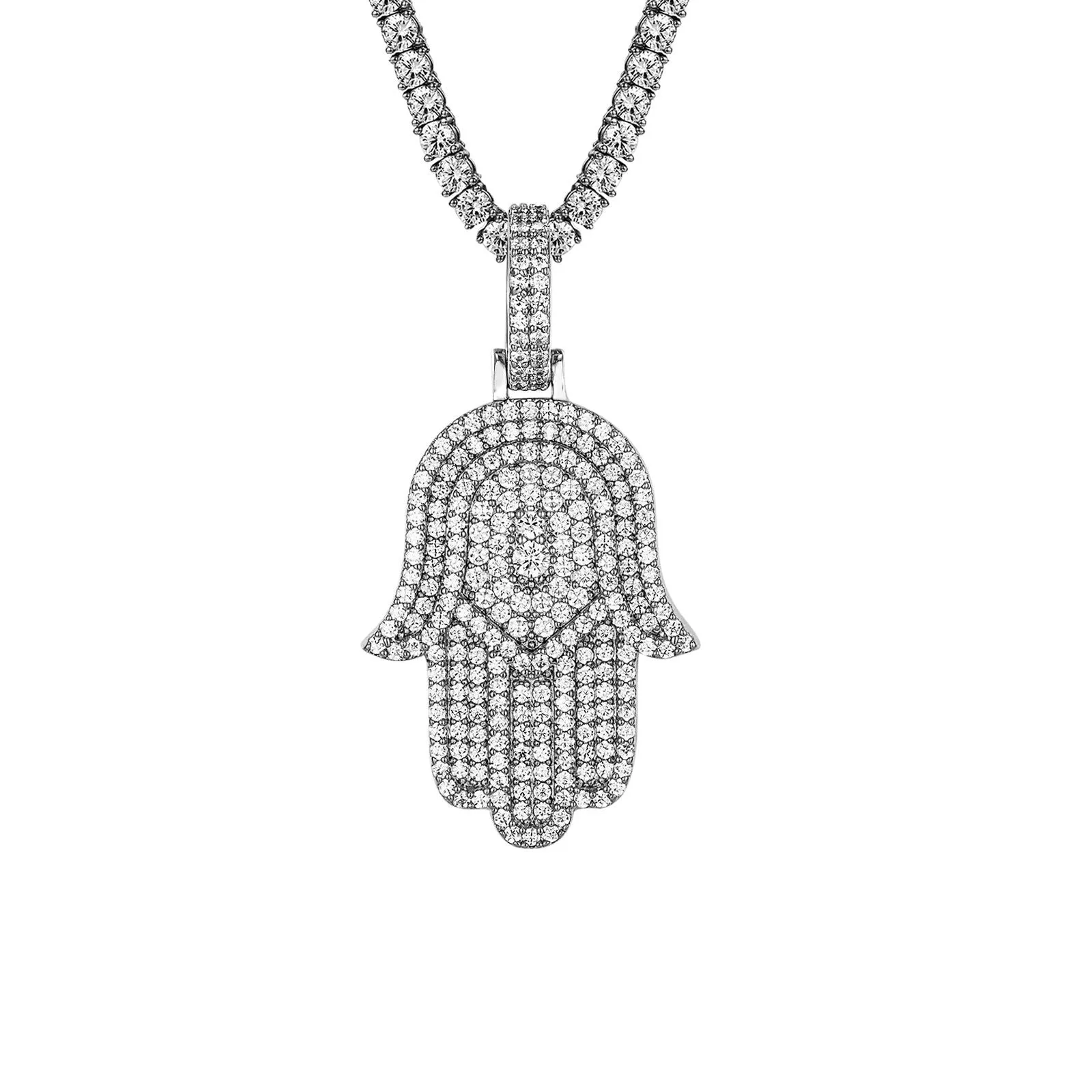 Mens Hamsa Hand Hip Hop Icy Custom White Tone Pendant