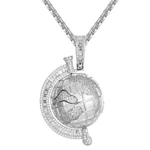 Mens World Globe Spinner Map Icy Custom Hip Hop Pendant