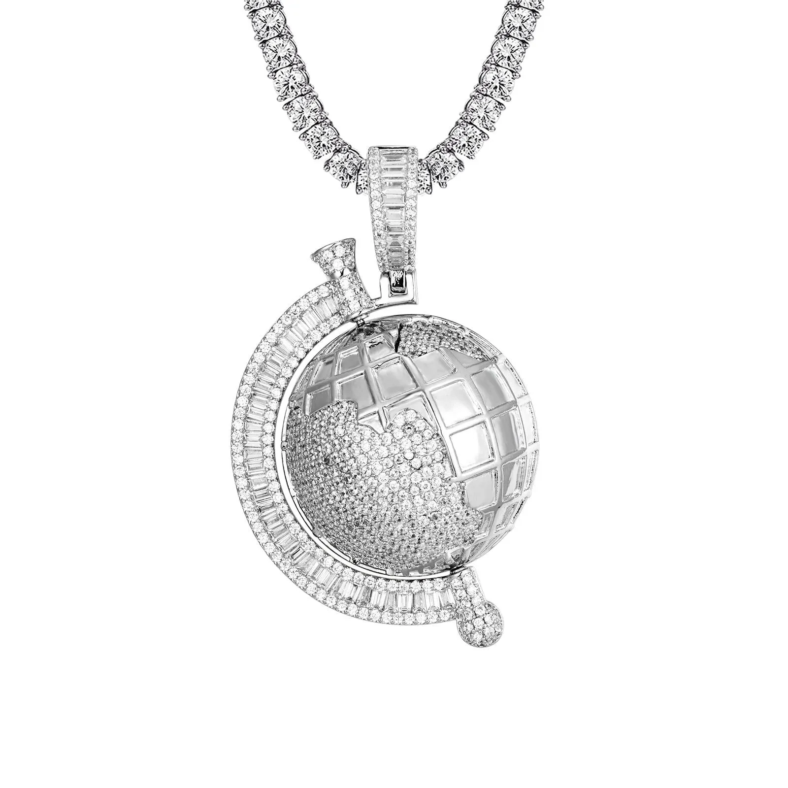 Mens World Globe Spinner Map Icy Custom Hip Hop Pendant